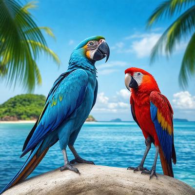The image features two colorful birds, a blue parrot and a red parrot, standing on a rock in a tropical setting. The birds are facing each other, possibly engaging in a conversation or interaction. The vibrant colors of the birds and the lush greenery in the background create a cheerful and lively atmosphere. The scene appears to be a photo, capturing the beauty of these exotic birds in their natural habitat.